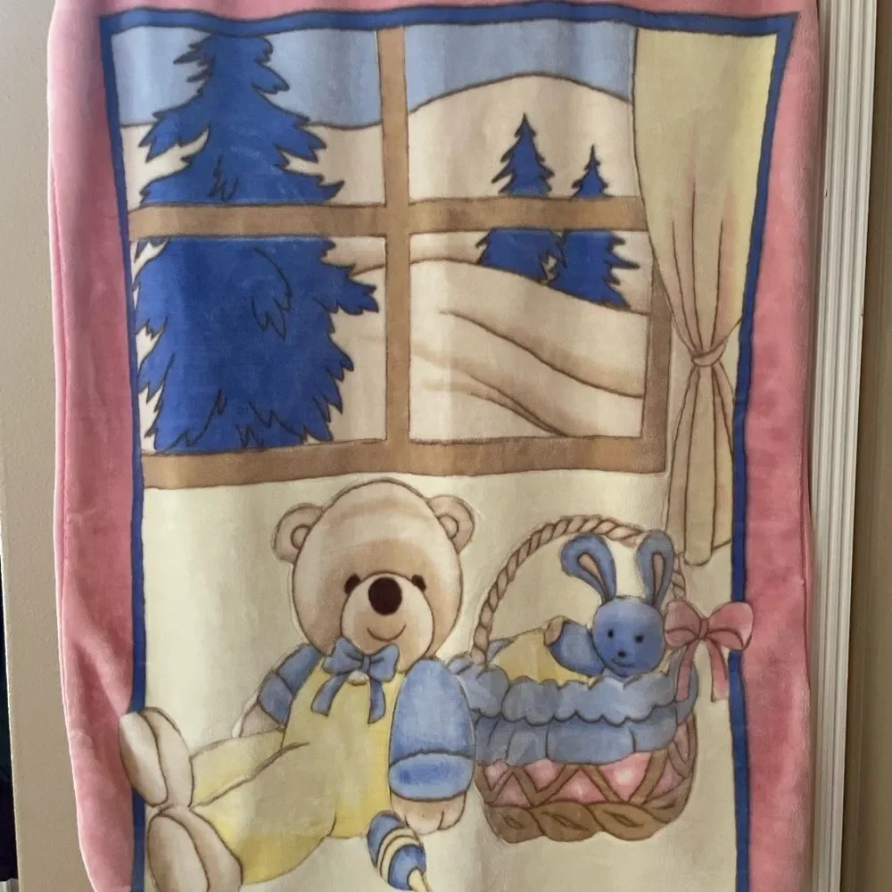 Korean Mink Vintage Bear Cabin in the Woods Baby Blanket Spring Easter Theme